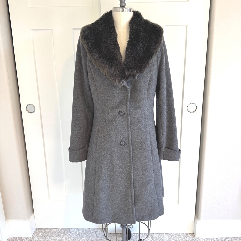 Lauren Ralph Lauren Grey Wool Blend Faux Fur Collar Coat Size 10